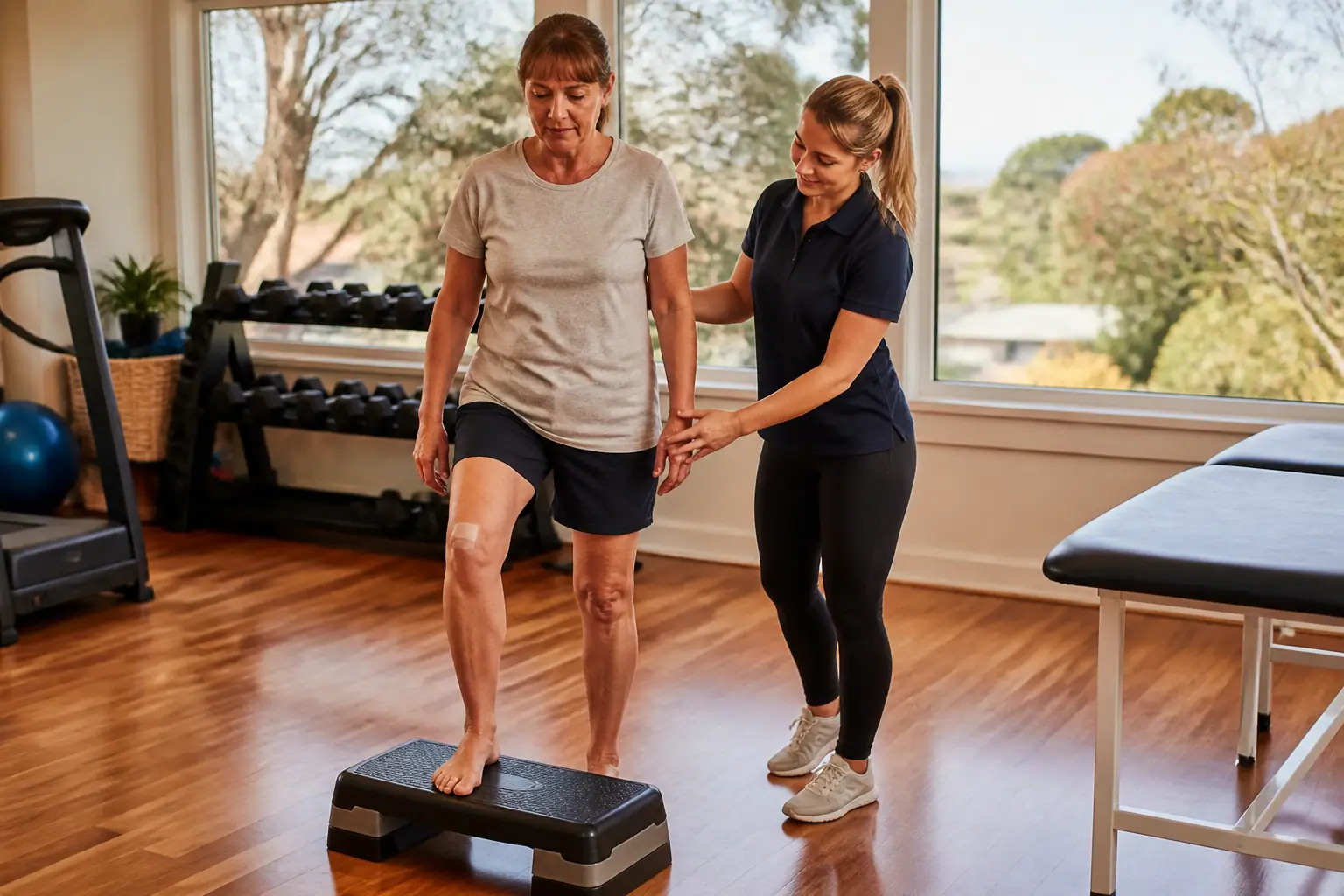 Physiotherapist guiding post-surgery knee rehabilitation in a Sunbury clinic