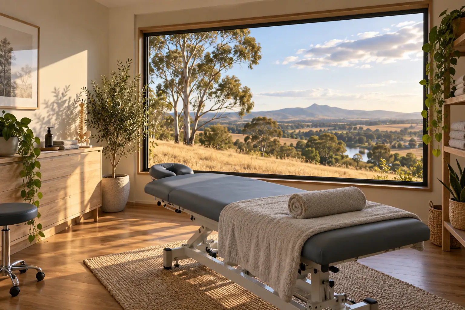 Calm physiotherapy treatment room looking out over the hills around Sunbury